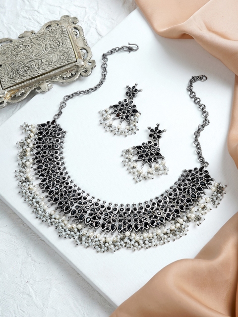 

TEEJH Oxidised Silver-Toned Black Stone Studded & White Beaded Jewellery Set