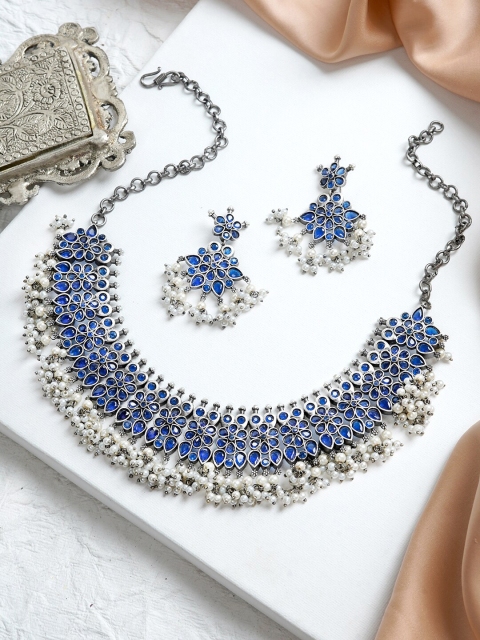 

TEEJH Oxidised Silver-Toned Blue & White Stone Studded & Beaded Jewellery Set