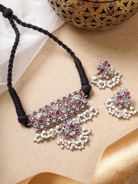 

TEEJH Silver-Plated & Red Oxidized Choker Necklace