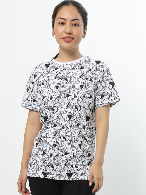 

Bewakoof Women White Printed Raw Edge T-shirt