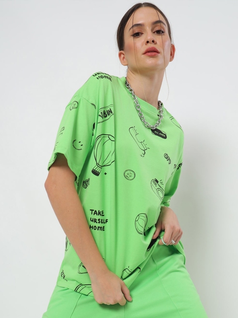 

Bewakoof Women Green Typography Printed Loose T-shirt
