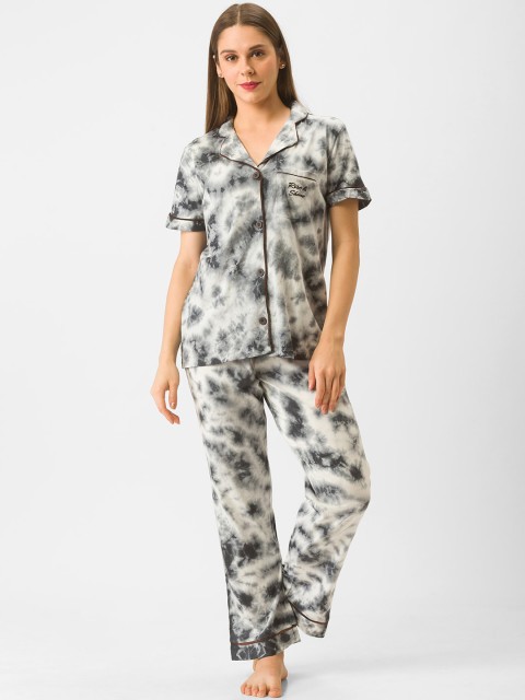 

Nick&Jess Women Grey & White Tie and Dye Night suit