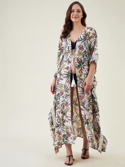 

The Kaftan Company Women White & Green Printed Cotton Kaftan Cover-Up Dress