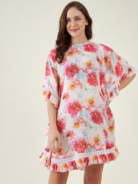 

The Kaftan Company Women Pink & White Floral Printed Kaftan Cover-Up Dress