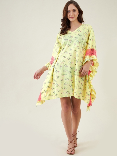 

The Kaftan Company Women Yellow & Pink Printed Cotton Kaftan Cover-Up Dress