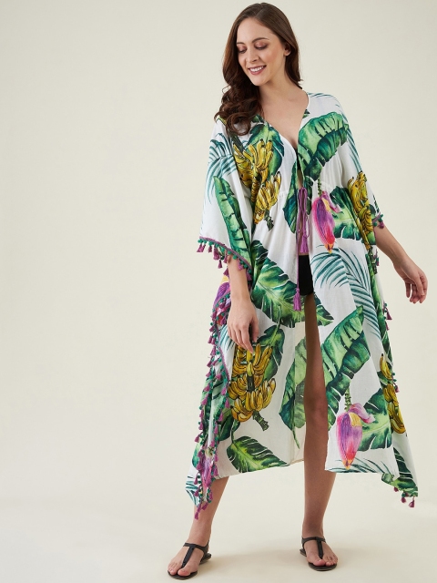 

The Kaftan Company Women White & Green Tropical Printed Kaftan Cover-up Swimwear