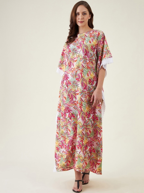 

The Kaftan Company Women Pink & White Printed Cotton Kaftan Cover-Up Dress