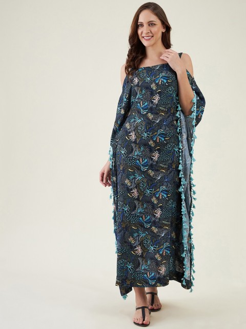 

The Kaftan Company Women Blue Printed Kaftan with Fringes