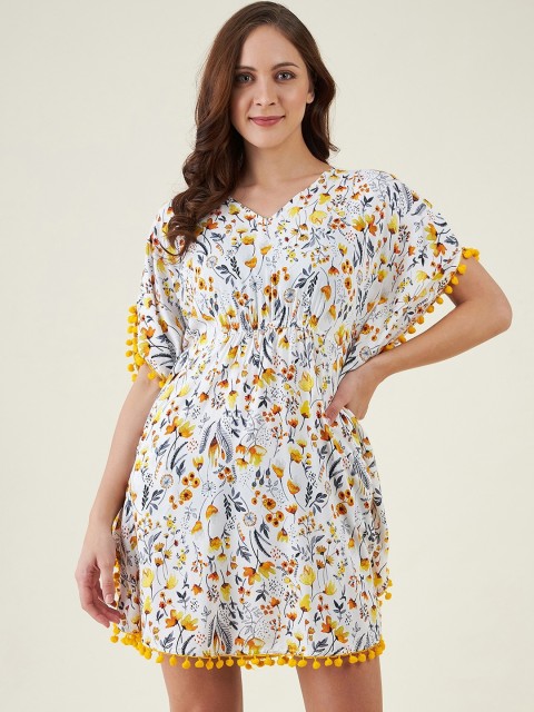 

The Kaftan Company Women White & Yellow Printed Cover-Up Dress