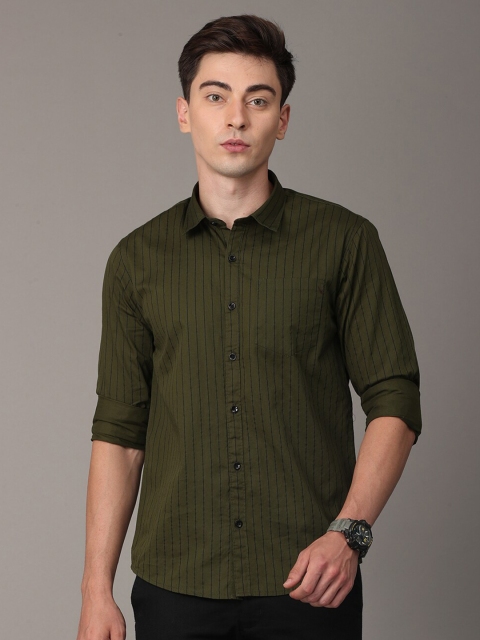 

Huggun Men Olive Green Premium Slim Fit Striped Casual Shirt