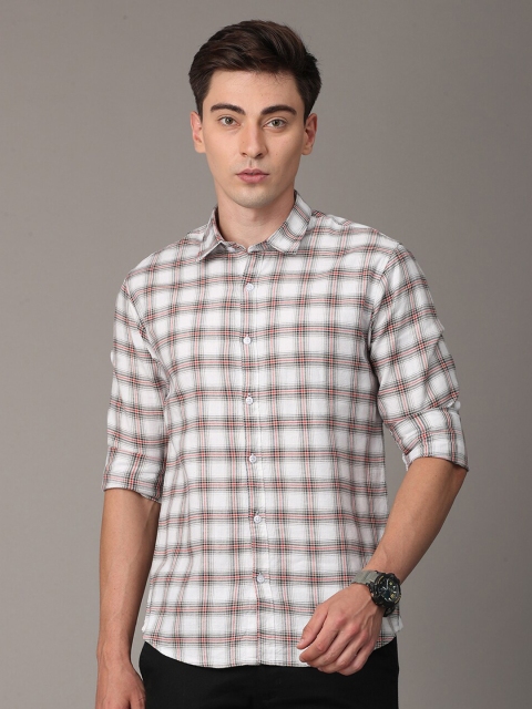 

Huggun Men Off White Premium Slim Fit Tartan Checked Casual Shirt