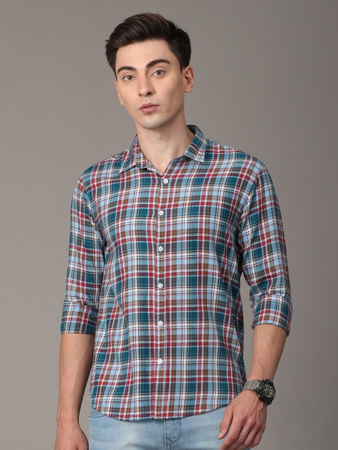 

Huggun Men Blue Premium Slim Fit Tartan Checked Casual Shirt