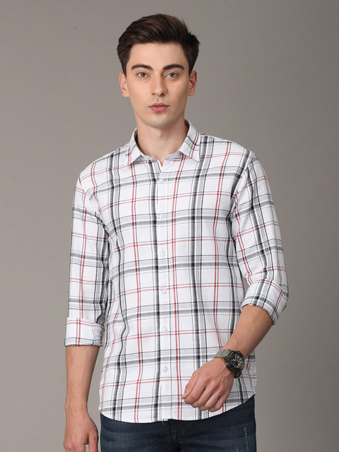 

Huggun Men White Premium Slim Fit Tartan Checks Checked Casual Shirt