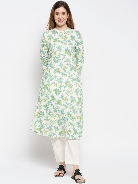 

Ethnicity Women Green Floral Printed Keyhole Neck Thread Work Kurta