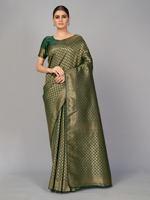 

MONJOLIKA FASHION Green & Gold-Toned Woven Design Zari Silk Blend Banarasi Saree