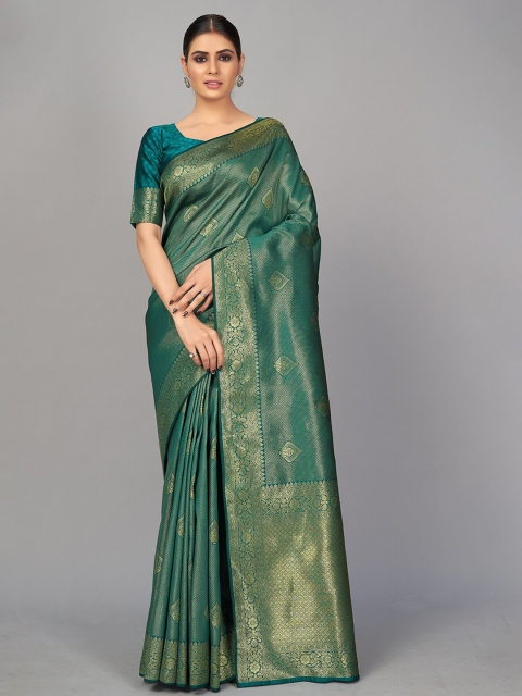 

MONJOLIKA FASHION Teal & Gold-Toned Woven Design Zari Silk Blend Banarasi Saree