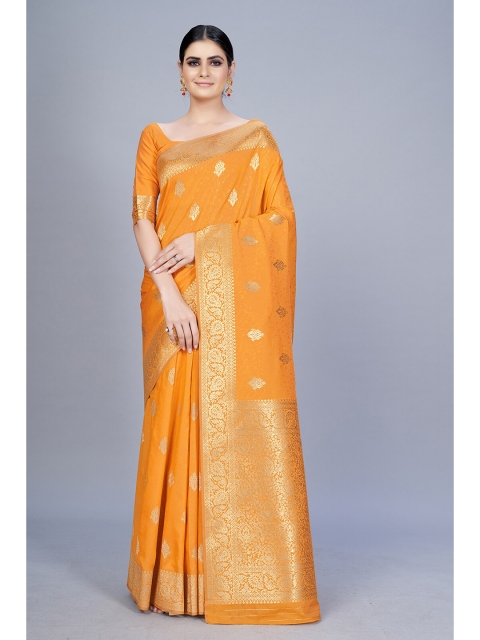 

MONJOLIKA FASHION Orange & Gold-Toned Woven Design Zari Silk Blend Banarasi Saree