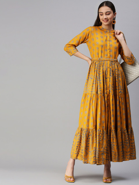 

Kay Fashions Mustard Yellow Ethnic Motifs Printed Anarkali Kurta