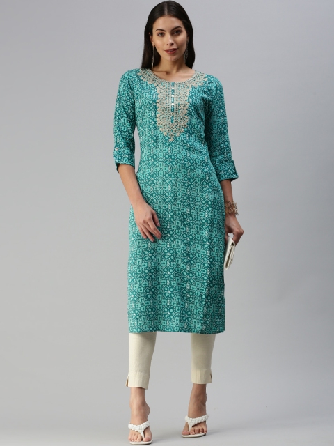 

Kay Fashions Blue Ethnic Motifs Printed Thread Work Kurta