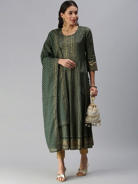 

Kay Fashions Green Ethnic Motifs Printed Anarkali Kurta