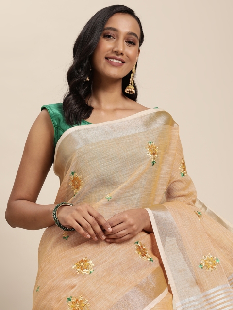 

SANGAM PRINTS Peach-Coloured Floral Embroidered Saree