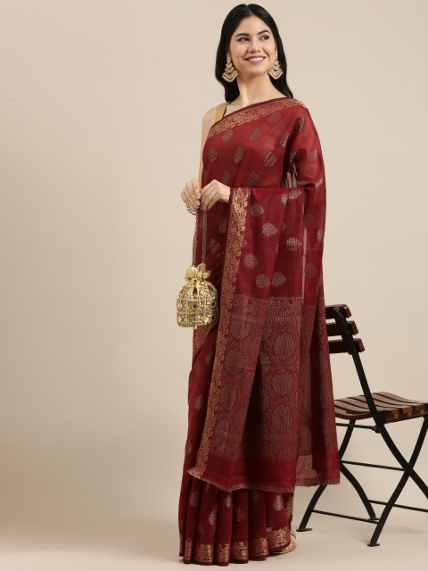 

SANGAM PRINTS Red & Golden Ethnic Motifs Woven Design Saree