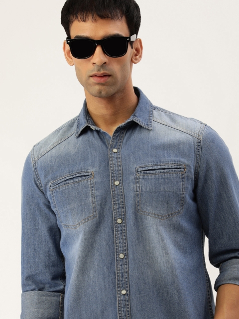 

IMYOUNG Men Blue Faded Smart Slim Fit Casual Denim Shirt