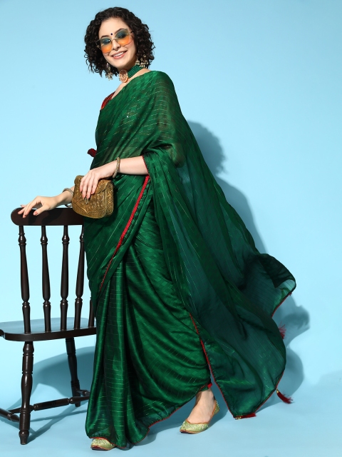 

Mitera Striped Pure Chiffon Saree, Green