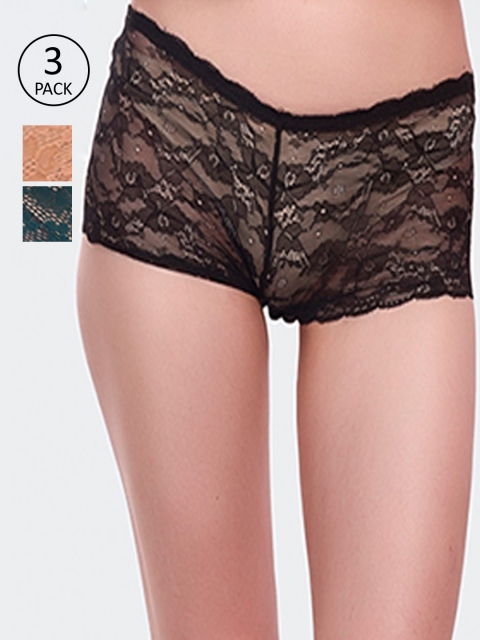 Fleurt Women Pack of 3 Assorted Lace Boy Shorts Fleurt-PT3-170-BK-GD-GR-L/XL