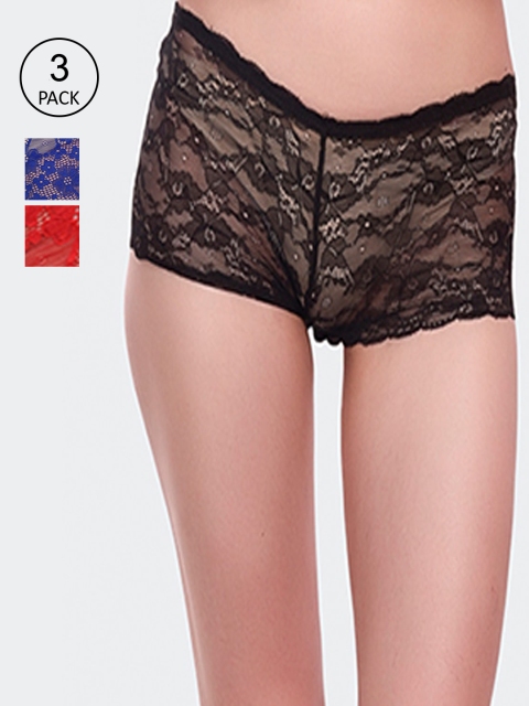 

Fleurt Women Pack Of 3 Assorted Lace Boy Shorts Fleurt-PT3-170-BK-RBL-RD-S/M