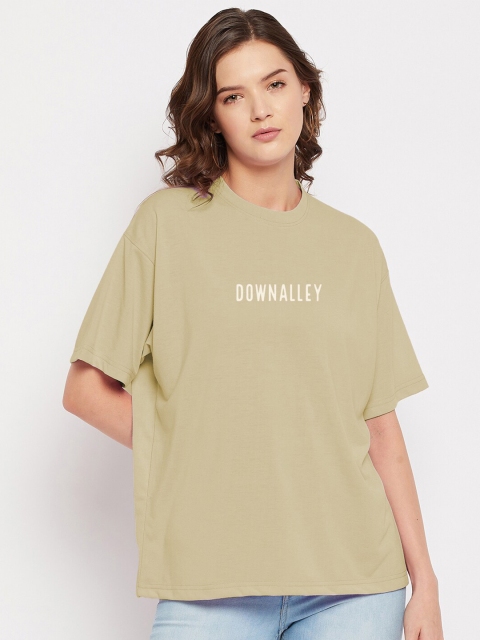 

FRENCH FLEXIOUS Women Beige Typography Printed V-Neck Loose T-shirt
