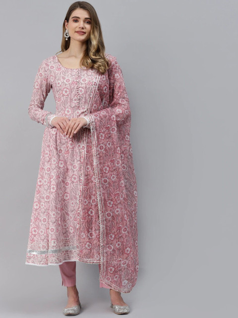 

Divena Women Pink Empire Gotta Patti Pure Cotton Kurti with Trousers & With Dupatta