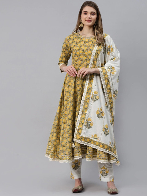 

Divena Women Mustard Yellow Floral Printed Pleated Gotta Patti Pure Cotton Kurti with Trousers & With