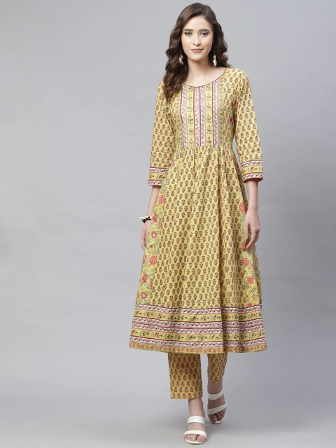 

Divena Women Yellow Ethnic Motifs Yoke Design Panelled Sequinned Pure Cotton Kurta with Trousers