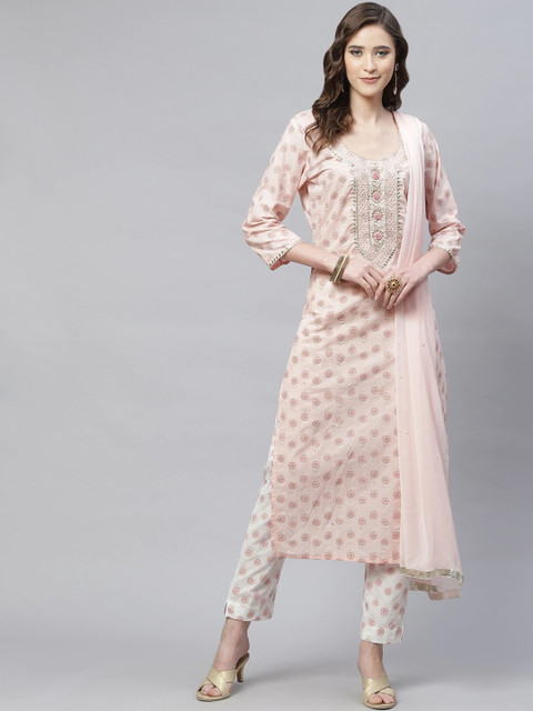 

Divena Women Pink Ethnic Motifs Printed Beads and Stones Pure Cotton Kurta with Trousers & With Dupatta