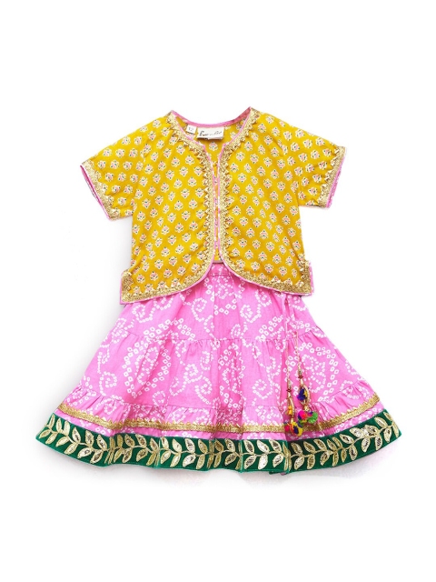 

Hopscotch Girls Yellow & Pink Printed Ready to Wear Lehenga &