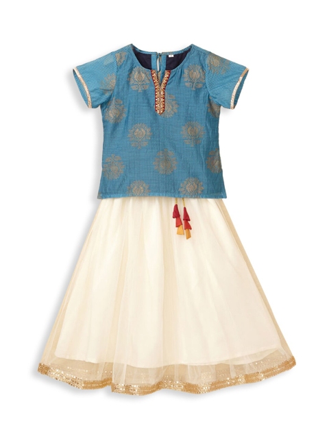 

Hopscotch Girls Blue & White Printed Ready to Wear Lehenga &