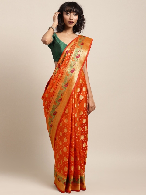 

Saree Swarg Orange & Green Woven Design Zari Silk Blend Banarasi Sarees