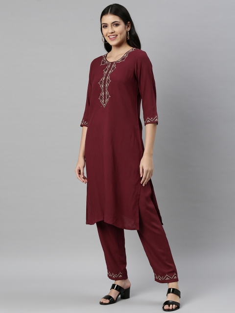 

ETIQUETTE Women Maroon Ethnic Motifs Yoke Design Thread Work Kurta with Palazzos