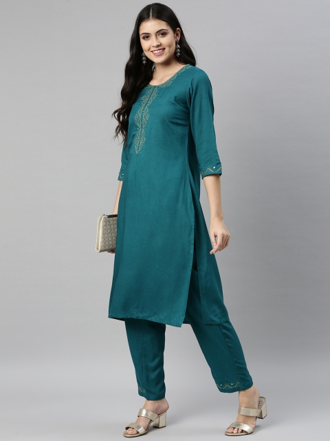 

ETIQUETTE Women Teal Green Ethnic Motifs Yoke Design Thread Work Kurta with Palazzos