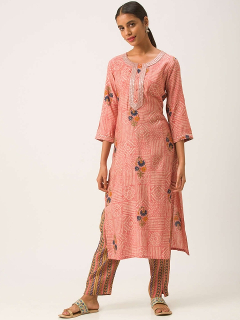 

ZOLA Women Pink Embroidered Pleated Kurti with Trousers