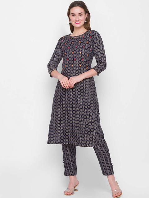 

ZOLA Women Navy Blue Floral Colourblocked Panelled Kurti with Trousers