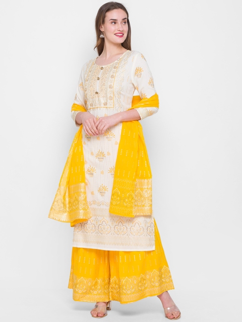 

ZOLA Women Yellow Ethnic Motifs Yoke Design Layered Kurti with Skirt & With Dupatta