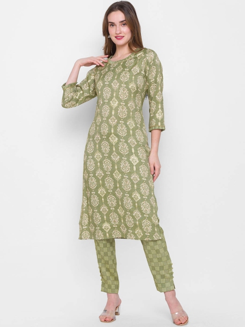 

ZOLA Women Green Pleated Kurti with Trousers