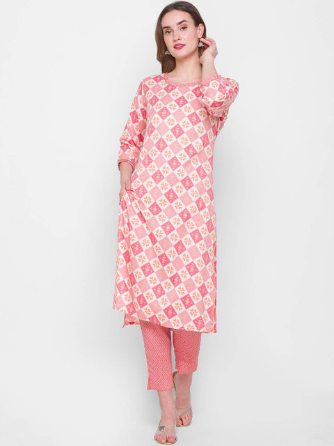 

ZOLA Women Pink Floral Panelled Kurti with Trousers & With Dupatta