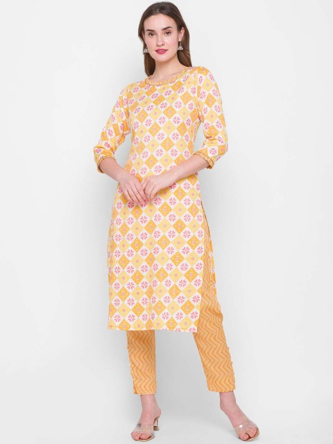 

ZOLA Women Yellow Striped Panelled Kurti with Trousers
