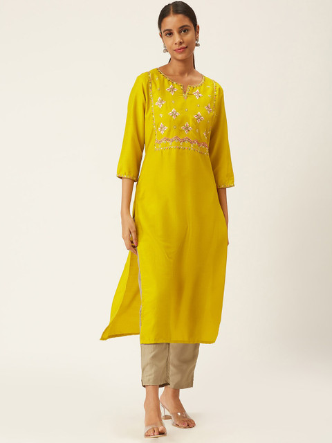 

ZOLA Women Mustard Yellow Floral Embroidered Pleated Kurti with Trousers