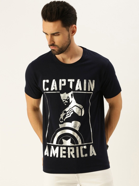 

VEIRDO Men Navy Blue Captain America Printed Applique T-shirt