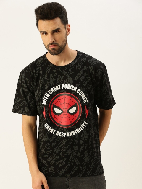 

VEIRDO Men Black Spider-Man Printed Raw Edge Loose T-shirt