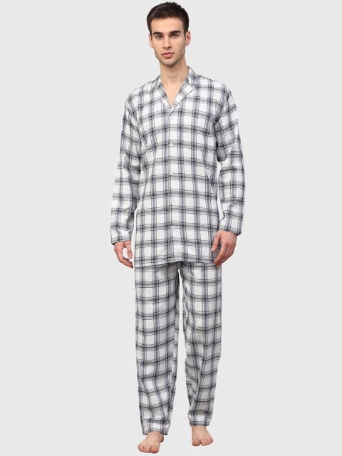 

JAINISH Men White & Black Checked Night suit